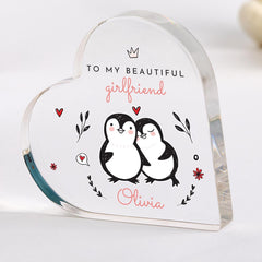 Gift for Girlfriend Personalised Acrylic Heart Plaque Cute Penguin Keepsake for Valentine's Day, Anniversary Birthday Romantic Present
