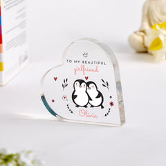 Gift for Girlfriend Personalised Acrylic Heart Plaque Cute Penguin Keepsake for Valentine's Day, Anniversary Birthday Romantic Present