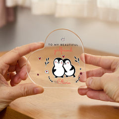 Gift for Girlfriend Personalised Acrylic Heart Plaque Cute Penguin Keepsake for Valentine's Day, Anniversary Birthday Romantic Present