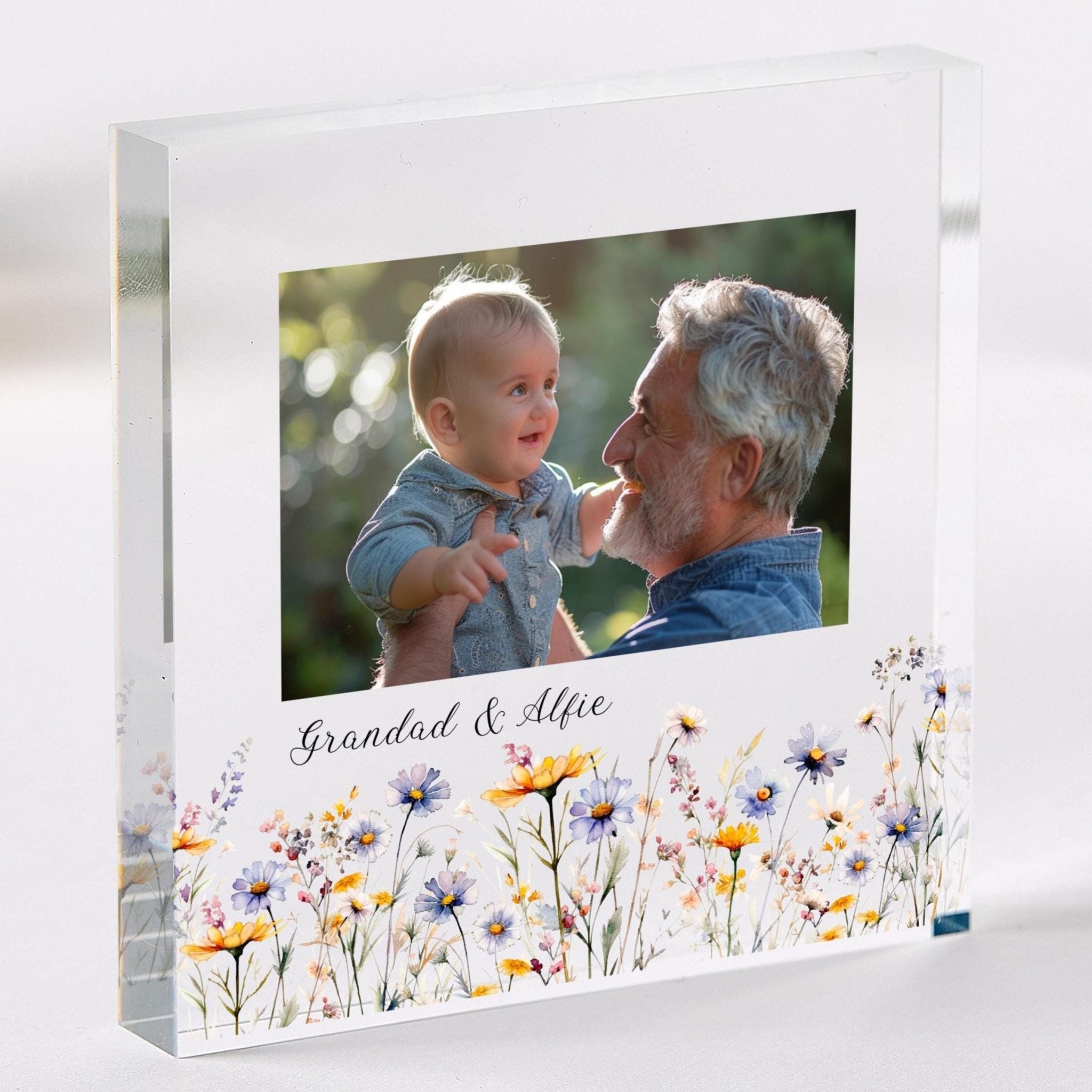 Gift for Grandad Personalised Acrylic Photo Plaque Floral Frame Birthday Mother's Day or Christmas Keepsake
