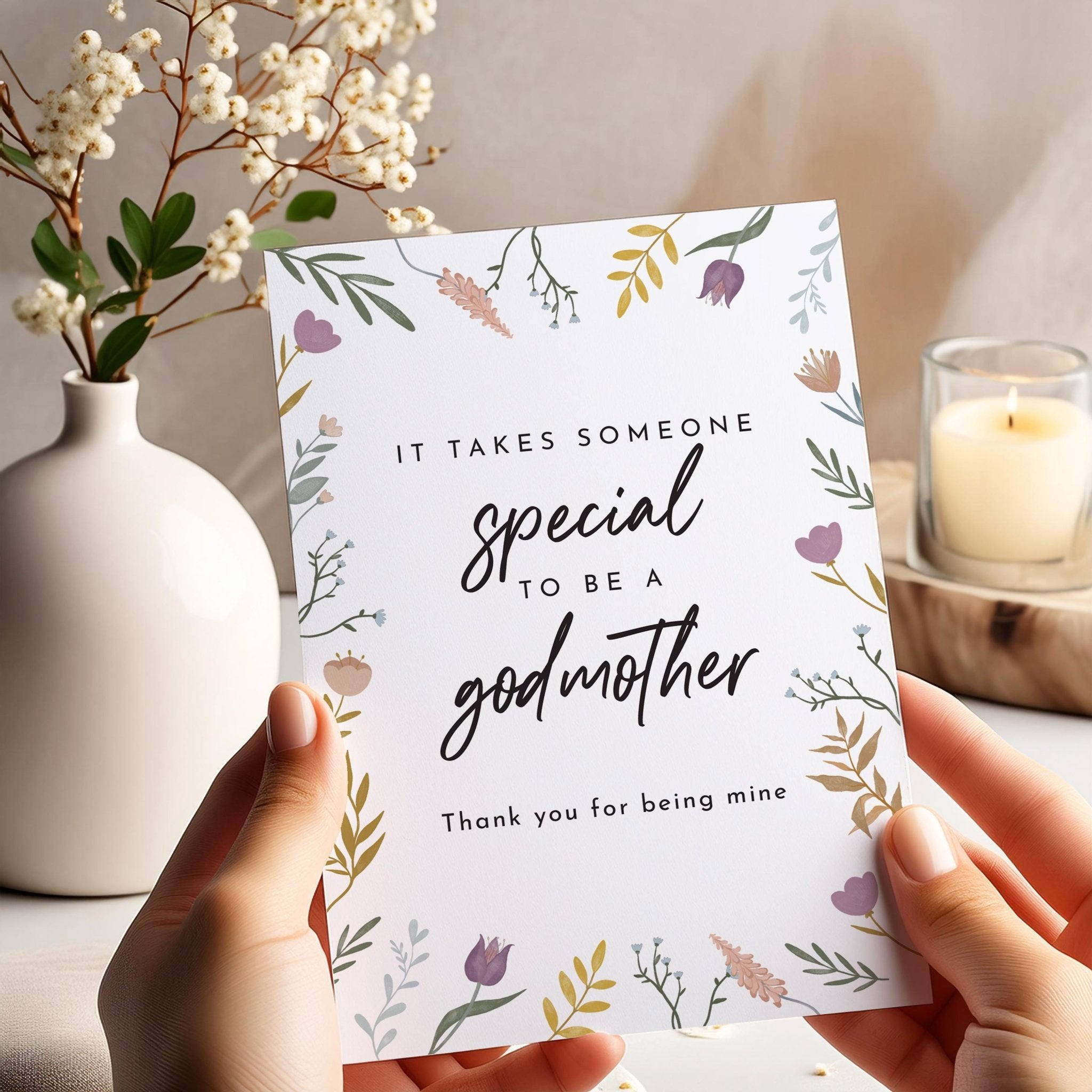 Godmother Thank You Card – It Takes Someone Special to Be a Godmother – Floral Design Meaningful Card for Christening or Birthday God Mother