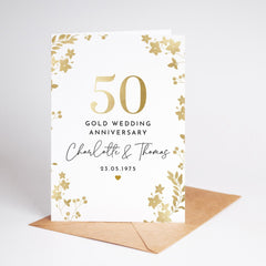 Gold Wedding Anniversary Card for Couple 50th Anniversary with Name Date Elegant Floral Personalised Keepsake for Mum Dad Grandparents