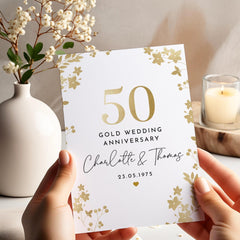Gold Wedding Anniversary Card for Couple 50th Anniversary with Name Date Elegant Floral Personalised Keepsake for Mum Dad Grandparents