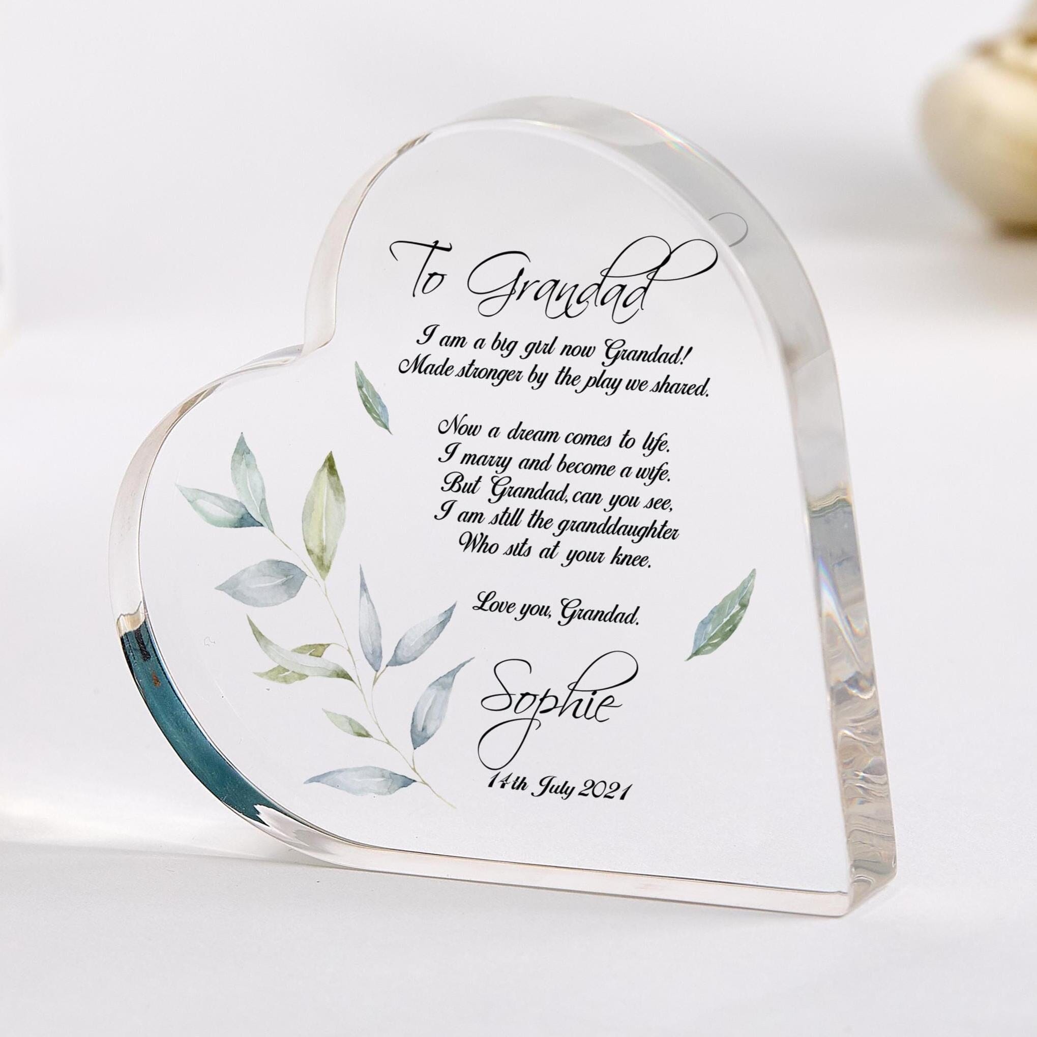 Grandfather Bride Wedding Day Grandad Heart Keepsake Bride Sentimental Present Thank You Grandpa Acrylic Plaque