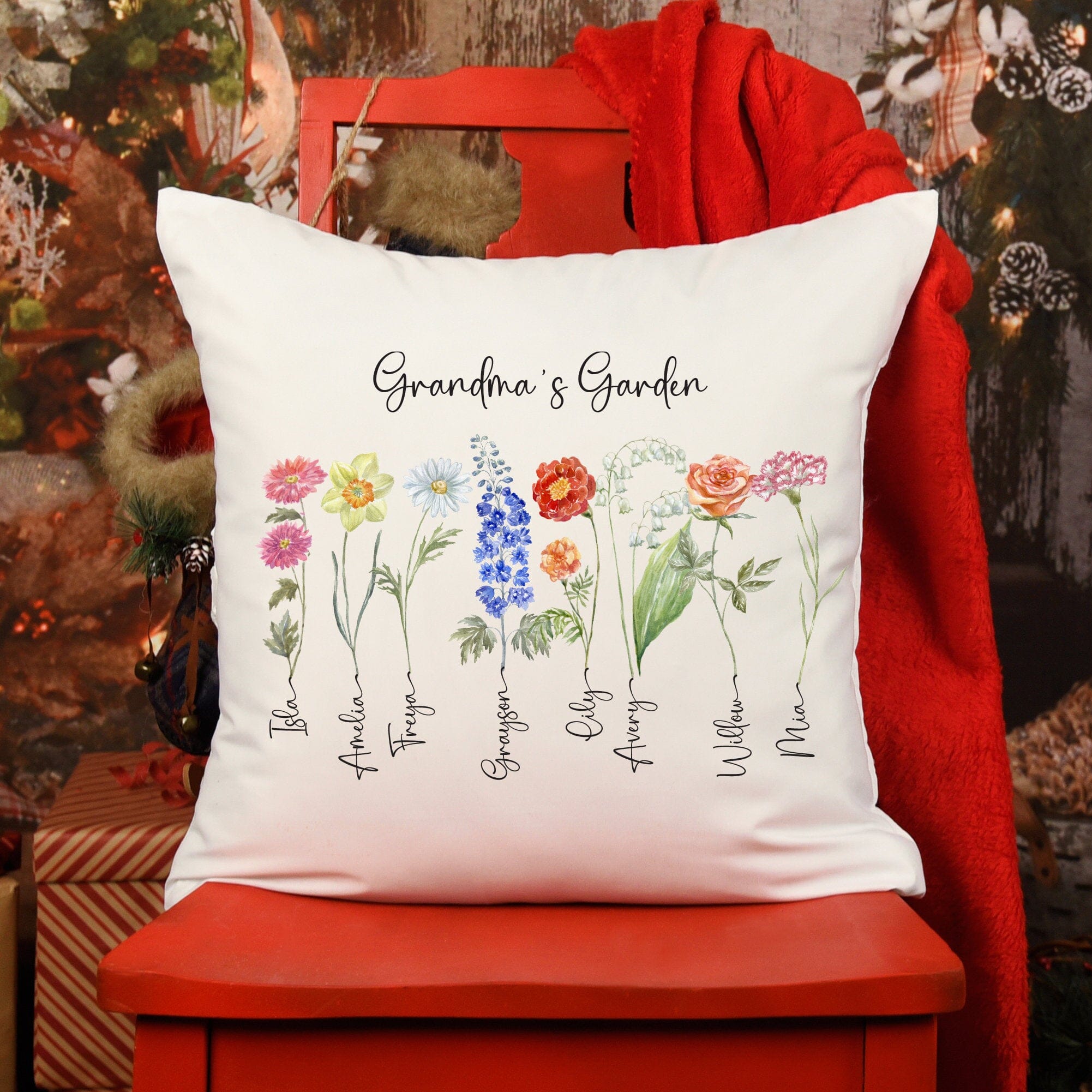 Grandma'S Garden Cushion With Grandchildren's Names And Birth Flowers Personalised Christmas Gift For A Nanny