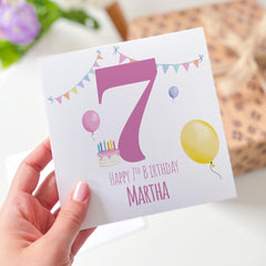 Happy 7th Birthday Card for Girl I am Seven Colourful Balloons and Cake Cute Keepsake Card Ideal for Daughter Granddaughter or Niece Seventh