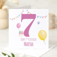 Happy 7th Birthday Card for Girl I am Seven Colourful Balloons and Cake Cute Keepsake Card Ideal for Daughter Granddaughter or Niece Seventh