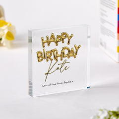 Happy Birthday Acrylic Plaque Gift for Her Wife Friend Niece Gold Balloon Lettering Keepsake with Name & Message Custom Display Plaque