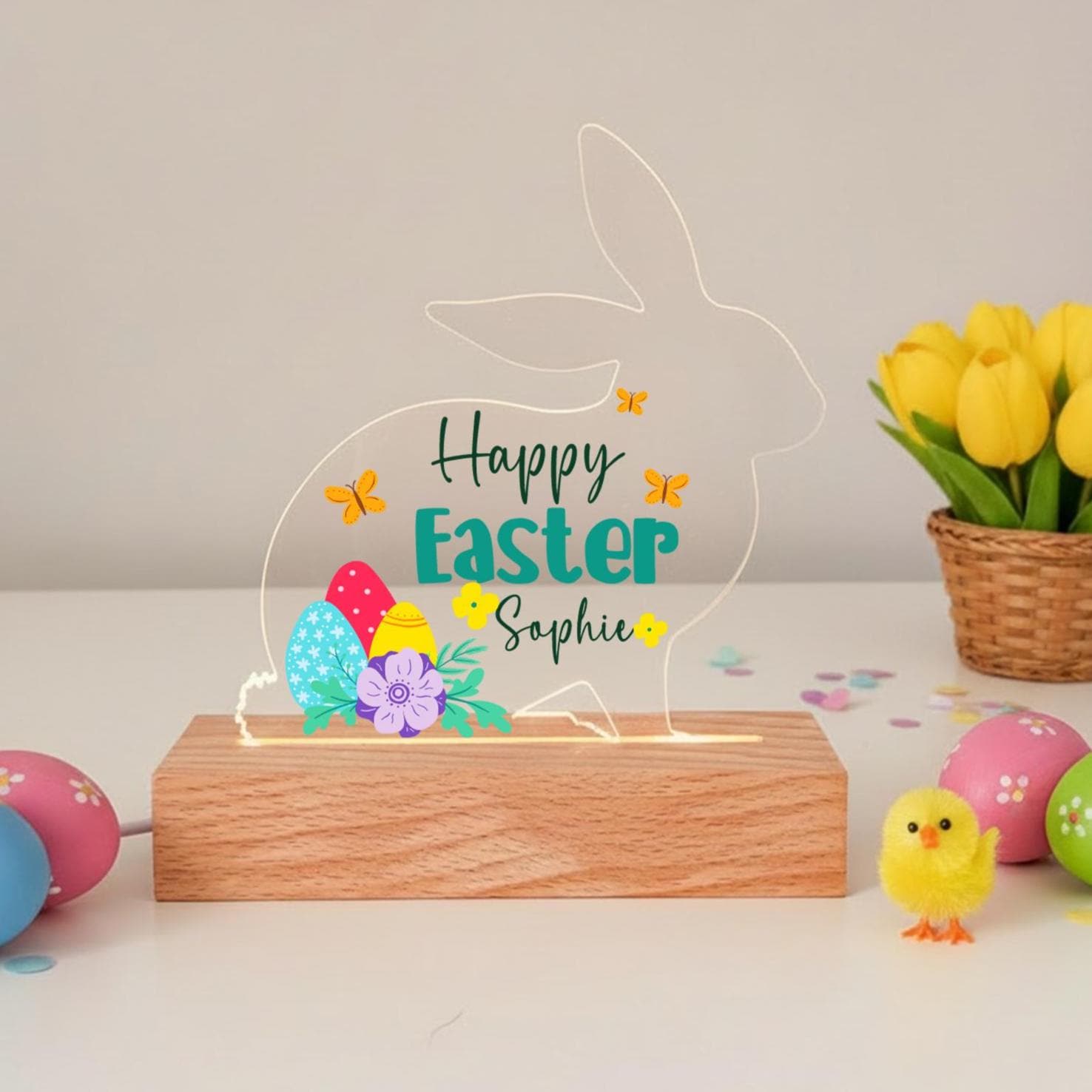 Happy Easter Bunny LED Acrylic Night Light Plaque - Personalised Gift for Baby or Child Easter Basket