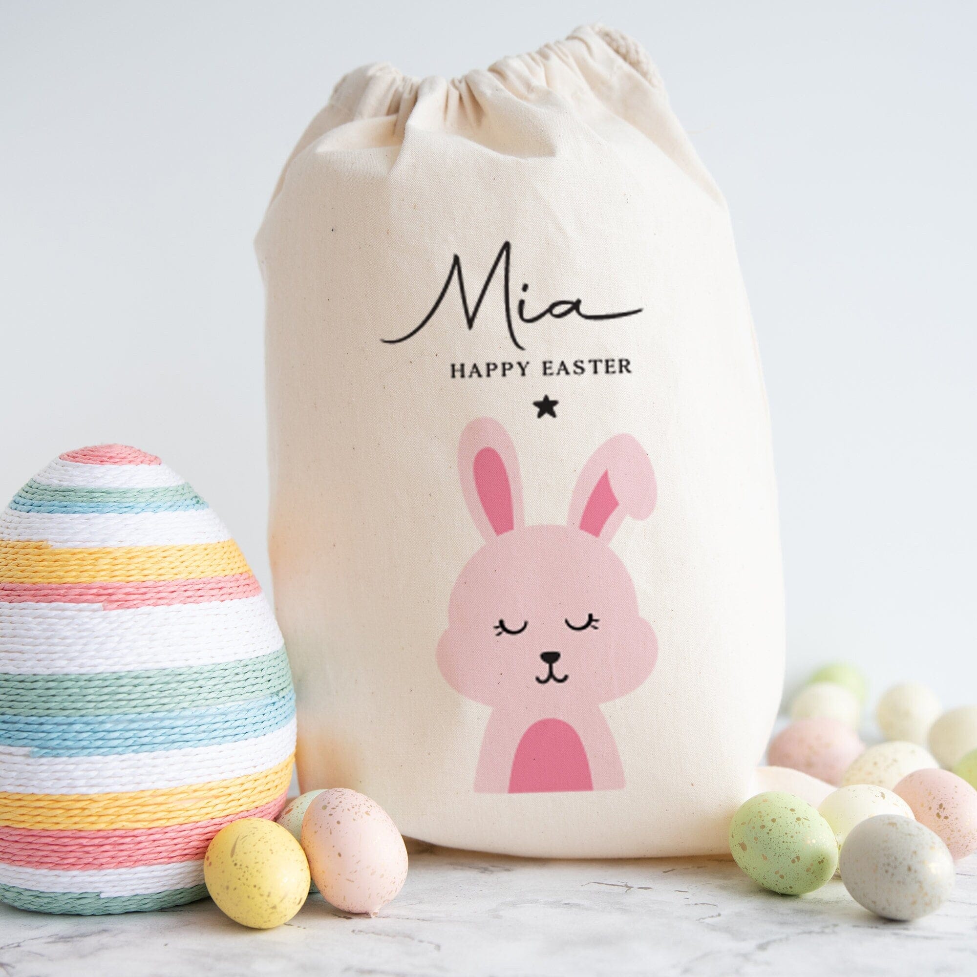 Happy Easter Sack With Name Pink Or Blue Easter Bunny Rabbit Gift Egg Hunt Bags Girls Boys Treat Bag 1st Easter