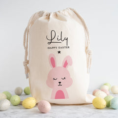 Happy Easter Sack With Name Pink Or Blue Easter Bunny Rabbit Gift Egg Hunt Bags Girls Boys Treat Bag 1st Easter