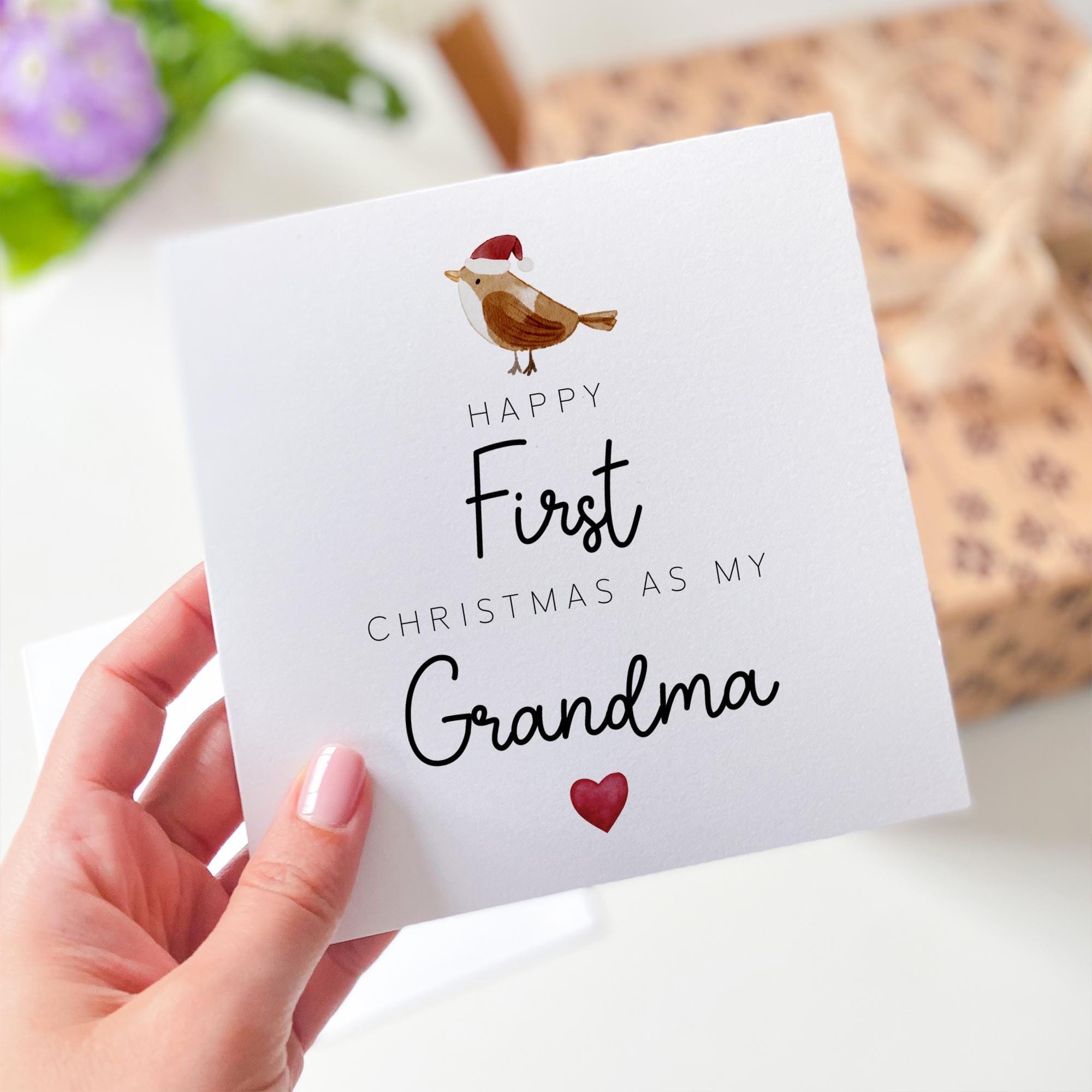 Happy First Christmas As My Grandma Card With A Robin Bird Santa Hat Greeting Card To My Grandma Happy 1St Xmas For Her