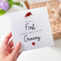 Happy First Christmas As My Granny Card With Santa Claus Hat And Red Cute Heart Icon Design For Together For Her Grandmum Xmas Gift Card