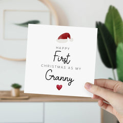 Happy First Christmas As My Granny Card With Santa Claus Hat And Red Cute Heart Icon Design For Together For Her Grandmum Xmas Gift Card