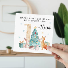 Happy First Christmas To A Special Boy Card With Name For Baby Boy Woodland Animals 1St Xmas Son Grandson Nephew Cute 1St Xmas Gift Card