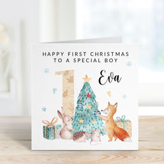 Happy First Christmas To A Special Boy Card With Name For Baby Boy Woodland Animals 1St Xmas Son Grandson Nephew Cute 1St Xmas Gift Card