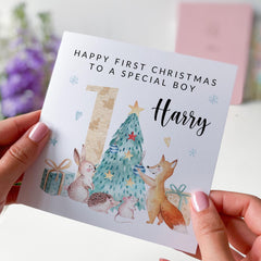 Happy First Christmas To A Special Boy Card With Name For Baby Boy Woodland Animals 1St Xmas Son Grandson Nephew Cute 1St Xmas Gift Card