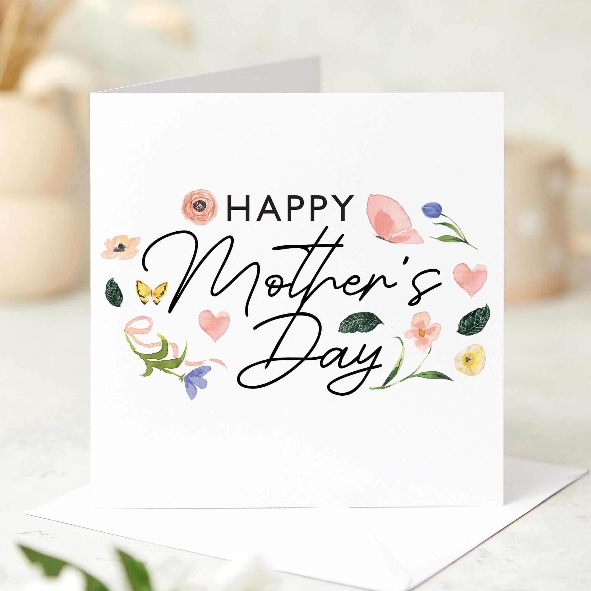 Happy Mother's Day Card Floral Watercolour Mum Card Elegant Happy Mothers Day Gift for Mummy Grandma Wife Keepsake Card for Her