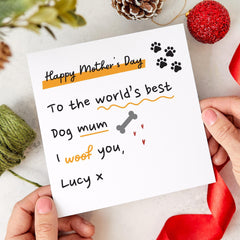 Happy Mother's Day Card for Dog Mum Cute Funny Message from Pet Personalised Gift for Dog Lovers with Paw Prints I Woof You With Dog Name