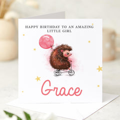 Hedgehog Birthday Card for a Special Little Girl Cute Animal Design with Balloon and Tricycle Custom Name for Daughter Niece Granddaughter