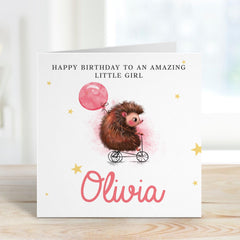 Hedgehog Birthday Card for a Special Little Girl Cute Animal Design with Balloon and Tricycle Custom Name for Daughter Niece Granddaughter