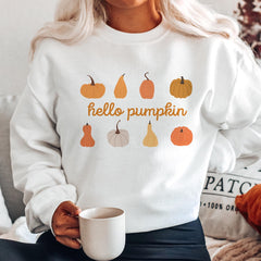 Hello Pumpkin Autumn Sweatshirt Cosy Jumper with Pumpkin Design Halloween Gift for Women