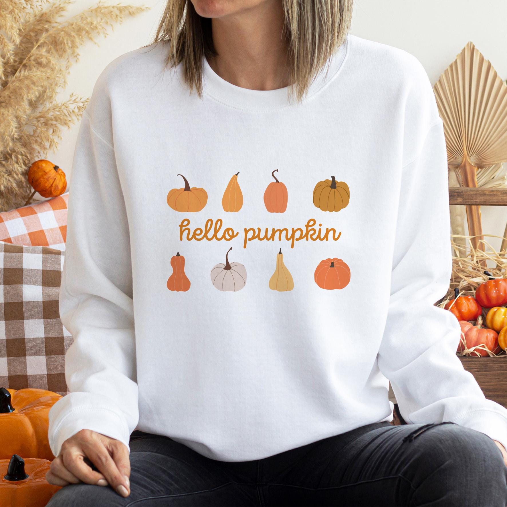 Hello Pumpkin Autumn Sweatshirt Cosy Jumper with Pumpkin Design Halloween Gift for Women