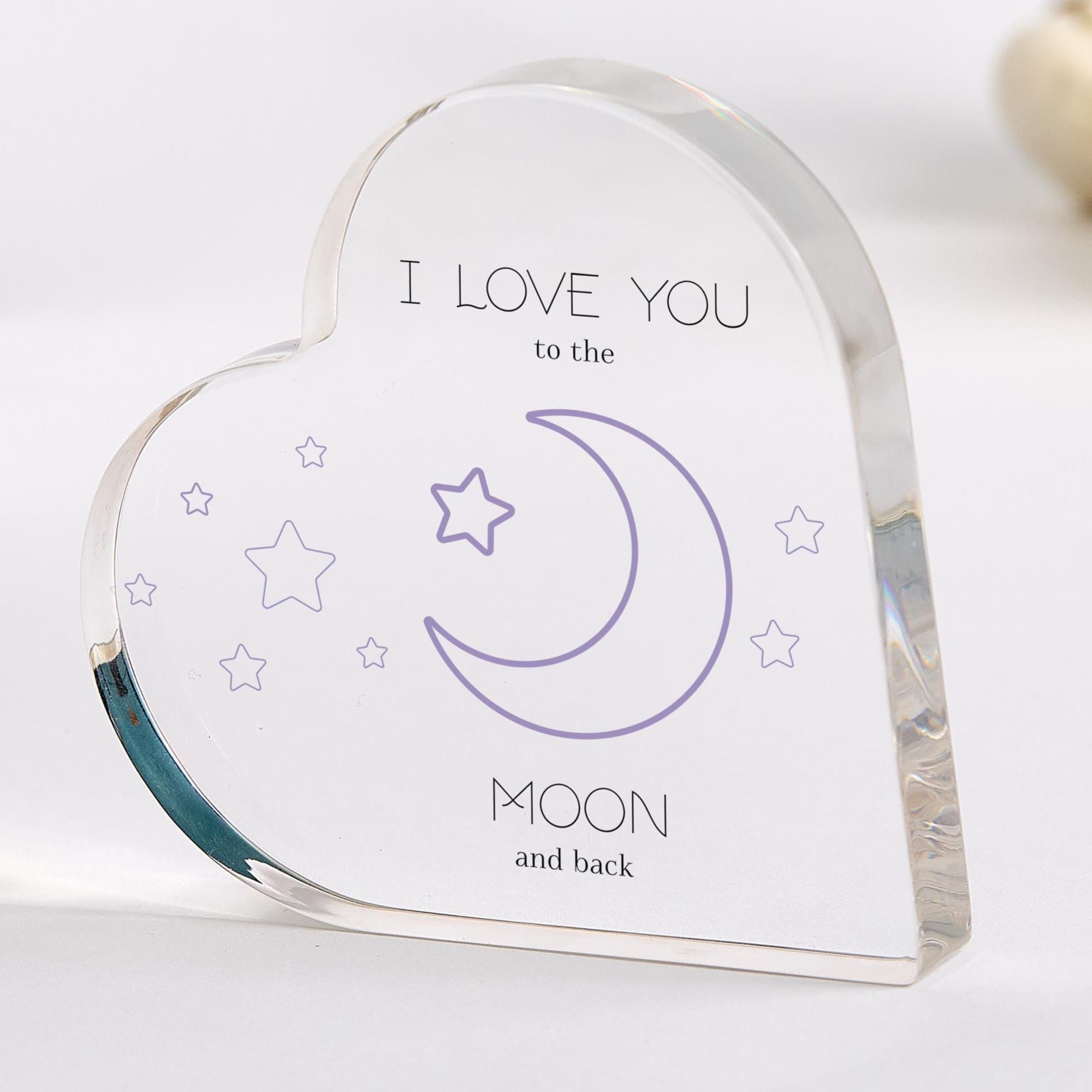 I Love You to Moon Back Acrylic Plaque Heart Shaped Sentimental Partner Mum Dad Friend Loved One Celestial Keepsake