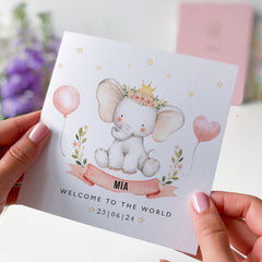 New Baby Card With Babys Name And Date Pink Blue Welcome To The World Elephant Balloon Cute Baby Animal Greeting Card Baby Boy Girl New Born