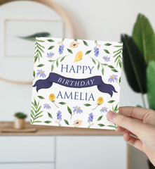 Personalised Birthday Card For Her Name Friend Girlfriend Bestie Mum Daughter Sister Fiancee Happy Birthday Gift Card Wild Flowers Elegant