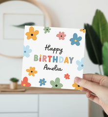 Cute Birthday Card With Colourful Flowers Card For Her Girl Kids Teenage Adult Personalised With Name Friend Happy Birthday Gift Card