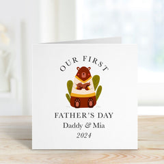 Personalised Our First Father's Day Card With Name Cute Card For Daddy Dad Son Daughter 1St Father's Day Daddy Baby Bear Hug Dada Papa