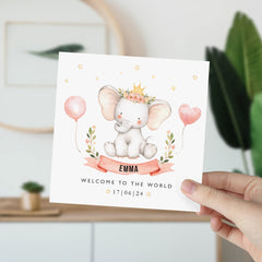 New Baby Card With Babys Name And Date Pink Blue Welcome To The World Elephant Balloon Cute Baby Animal Greeting Card Baby Boy Girl New Born