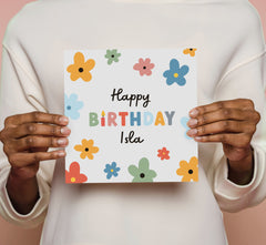 Cute Birthday Card With Colourful Flowers Card For Her Girl Kids Teenage Adult Personalised With Name Friend Happy Birthday Gift Card