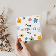 Cute Birthday Card With Colourful Flowers Card For Her Girl Kids Teenage Adult Personalised With Name Friend Happy Birthday Gift Card