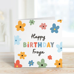 Cute Birthday Card With Colourful Flowers Card For Her Girl Kids Teenage Adult Personalised With Name Friend Happy Birthday Gift Card