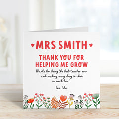 Personalised Thank You For Helping Me Grow Card With Teacher Name Gift Card For Her Him Teacher Appreciation Nursery Primary End Of Term