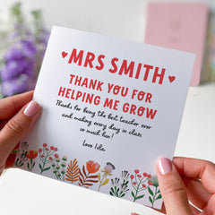 Personalised Thank You For Helping Me Grow Card With Teacher Name Gift Card For Her Him Teacher Appreciation Nursery Primary End Of Term