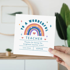 To A Wonderful Teacher Card With Teacher Name Rainbow Design Gift Card For Her Him Teacher Appreciation Nursery Primary End Of Term