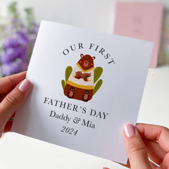 Personalised Our First Father's Day Card With Name Cute Card For Daddy Dad Son Daughter 1St Father's Day Daddy Baby Bear Hug Dada Papa