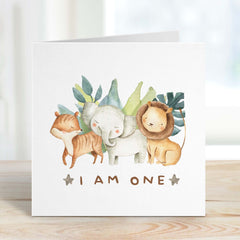 First Birthday Card Girls Boys Safari 1St Birthday Son Grandson Nephew Godson Nephew Niece Jungle Card Cute Baby Animals I Am One Woodland