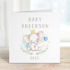 New Baby Card With Babys Name And Date Elephant Balloon Cute Baby Animal Greeting Card Baby Boy Girl New Born First Birthday Card Welcome