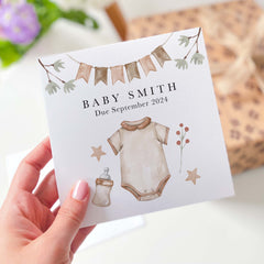 New Baby Card With Babys Name And Date Of Birth Welcome To The World Boy Girl New Born Baby Clothes And Bottle Design Newborn Baby Shower