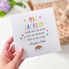 Card For Teacher Personalised End Of Year Card Thank You For Being Part Of My Story Card Mentor End Of School Appreciation Card With Rainbow