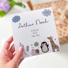 New Baby Card With Name Date Height Weight Gift Card Baby Boy Girl Cute Animal Figures New Born Card For New Mum Woodland Animal Babyshower