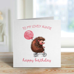 Birthday Card For Auntie With Cute Hedgehog On Bike Balloon To My Lovely Auntie Happy Birthday Thinking Of You Gift Card Aunt Birthday Card