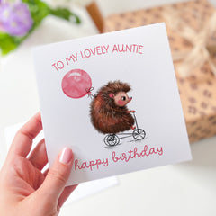 Birthday Card For Auntie With Cute Hedgehog On Bike Balloon To My Lovely Auntie Happy Birthday Thinking Of You Gift Card Aunt Birthday Card