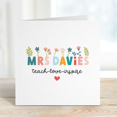 Card For Teacher Thank You Floral Last Name Gift Card For Her Teach Love Inspire Gratitude Appreciation Nursery Primary School End Of Year