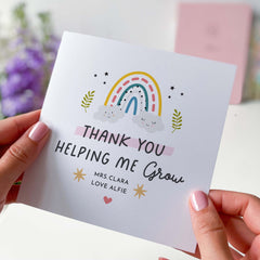 Thank You Cute Card With Cute Cute Rainbow Design And Name Gift Card For Primary Teacher And Nursery With Thank You Helping Me Grow