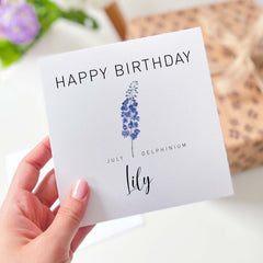 July Birth Flower Card Delphinium Born In July Personalised Birthday Card With Name Month Delphinium Gift Card Her Him Friend Sister Auntie